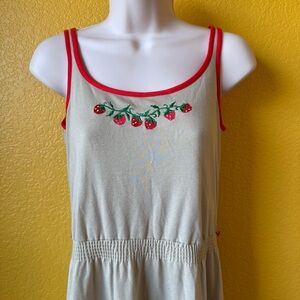 Vintage 80s Lanz Originals Strawberry Embroidered Red Piped Tan Tank Dress